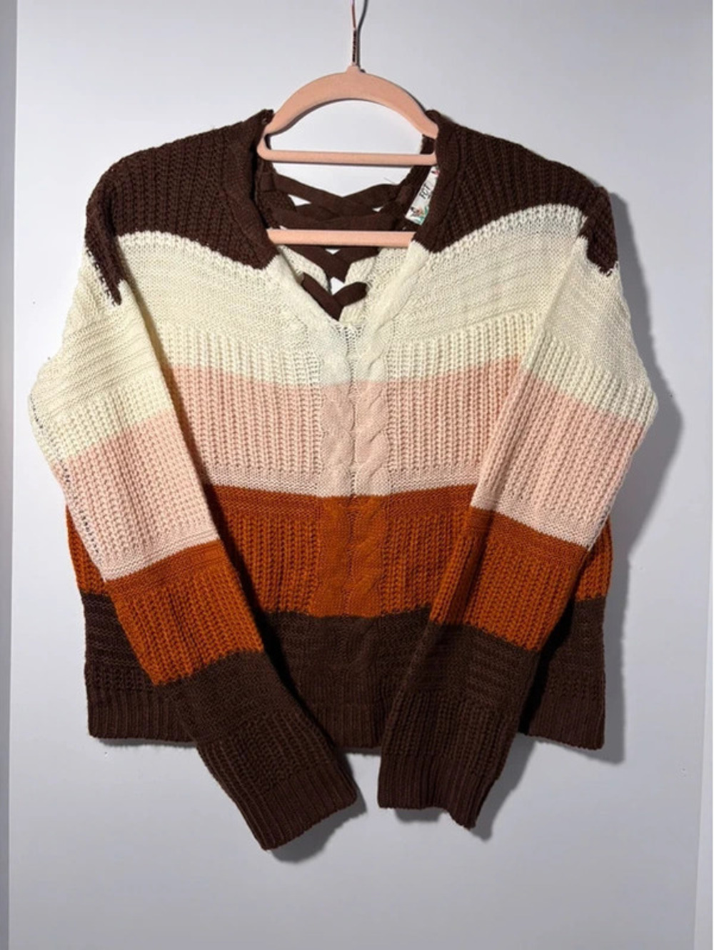 Boho inspired Colorblock Lace-Up Back Cable Knit Cozy Sweater
